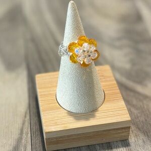 Crystal Beaded Floral Ring with Orange/Yellow and Silver Details! Hand made.